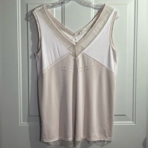 POL Sleeveless V Neck Mesh Trim Tank Top Blush Pink Beige Small Romantic